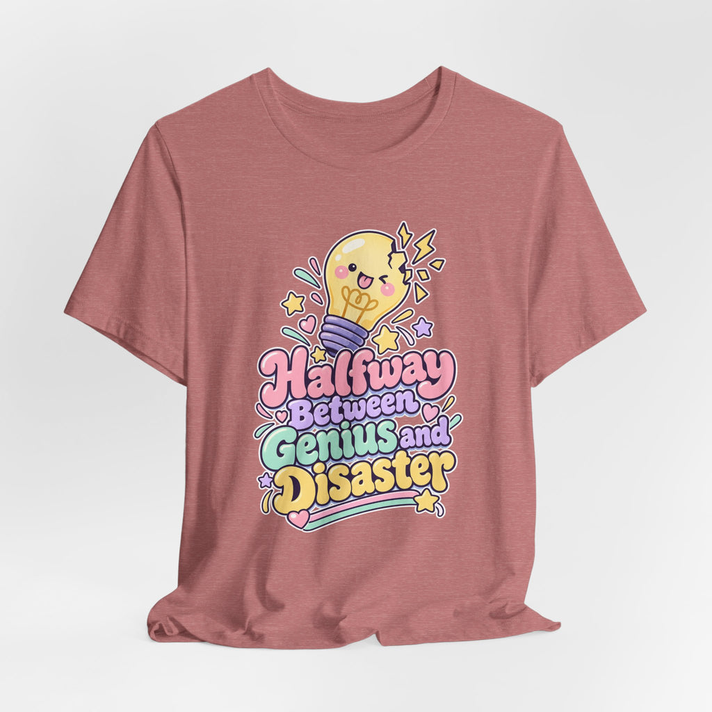 Halfway Between Genius and Disaster Funny Creative T-Shirt