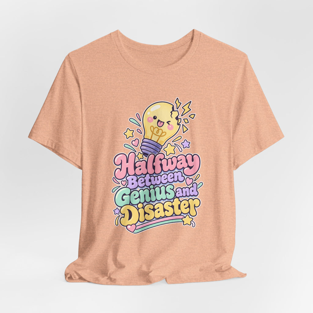 Halfway Between Genius and Disaster Funny Creative T-Shirt