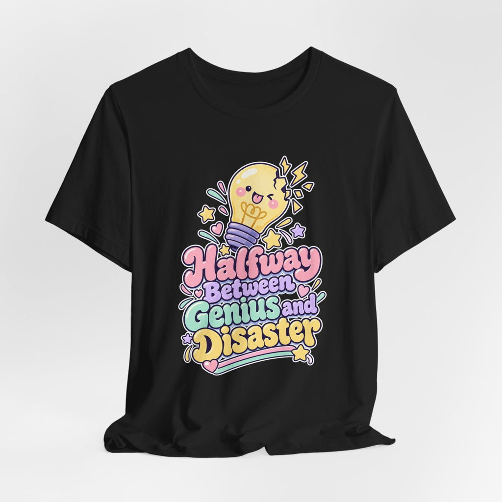 Halfway Between Genius and Disaster Funny Creative T-Shirt