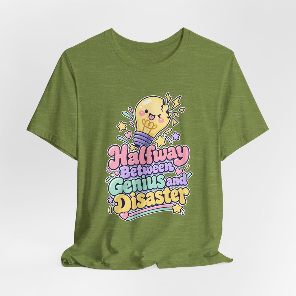 Halfway Between Genius and Disaster Funny Creative T-Shirt