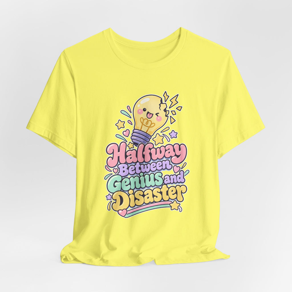 Halfway Between Genius and Disaster Funny Creative T-Shirt