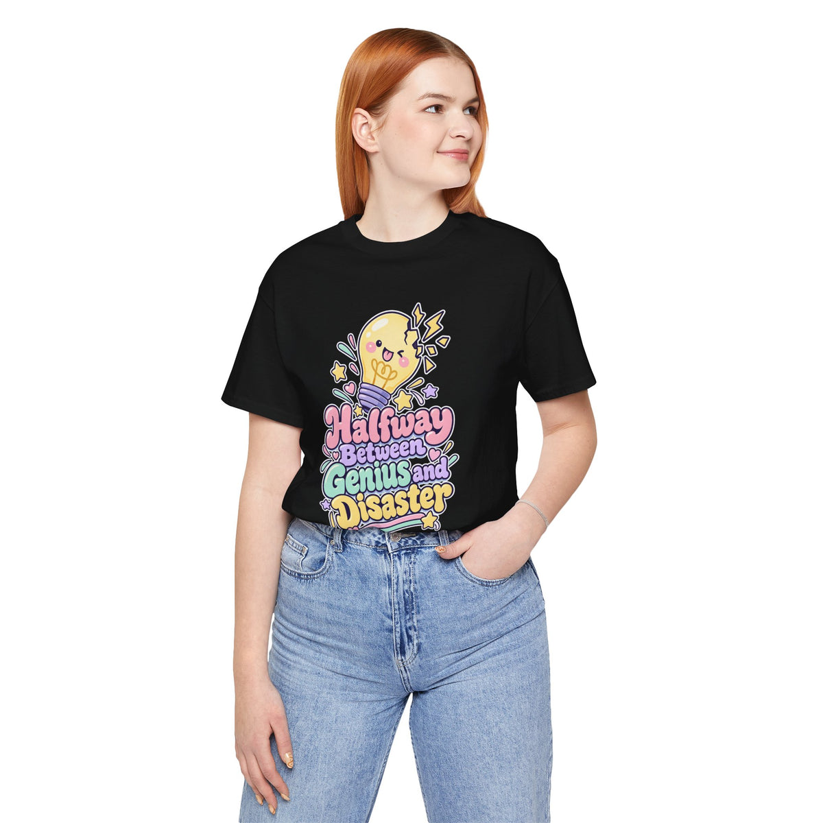Halfway Between Genius and Disaster Funny Creative T-Shirt