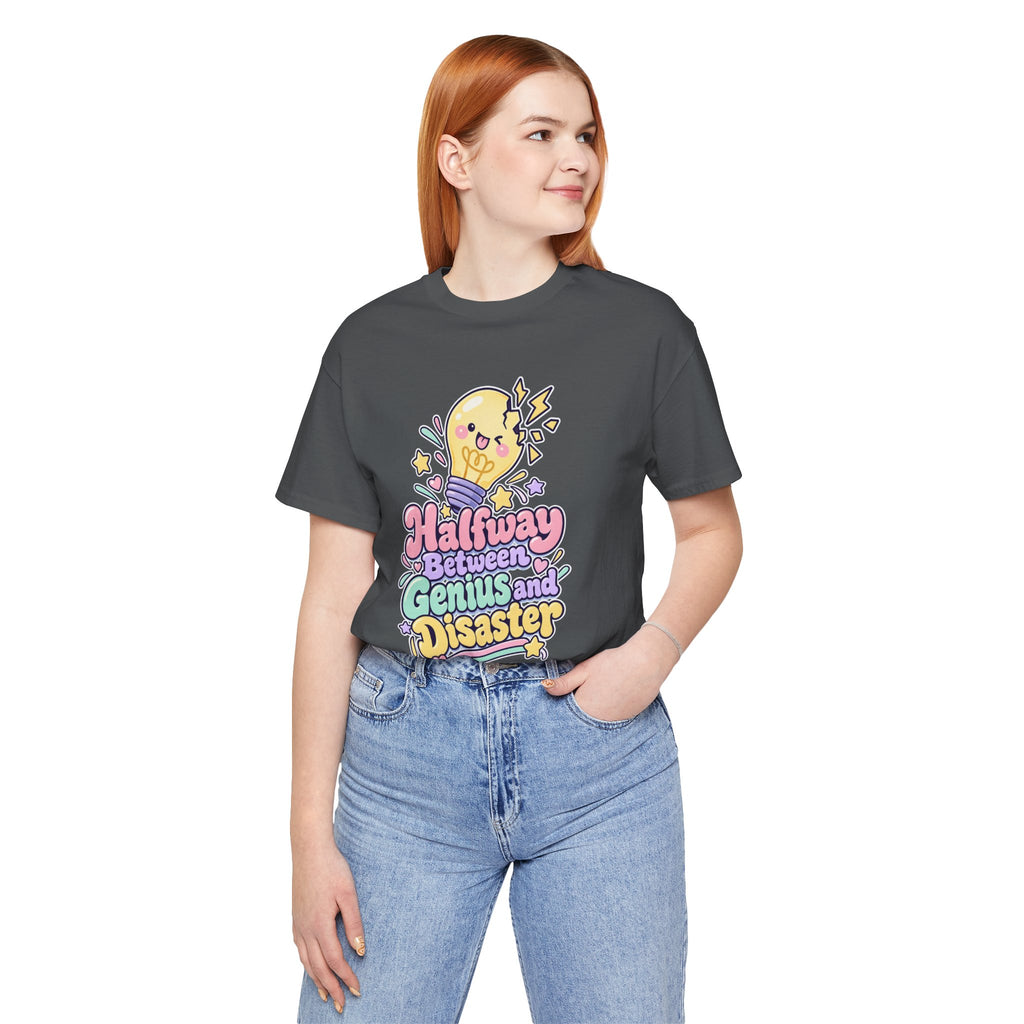 Halfway Between Genius and Disaster Funny Creative T-Shirt
