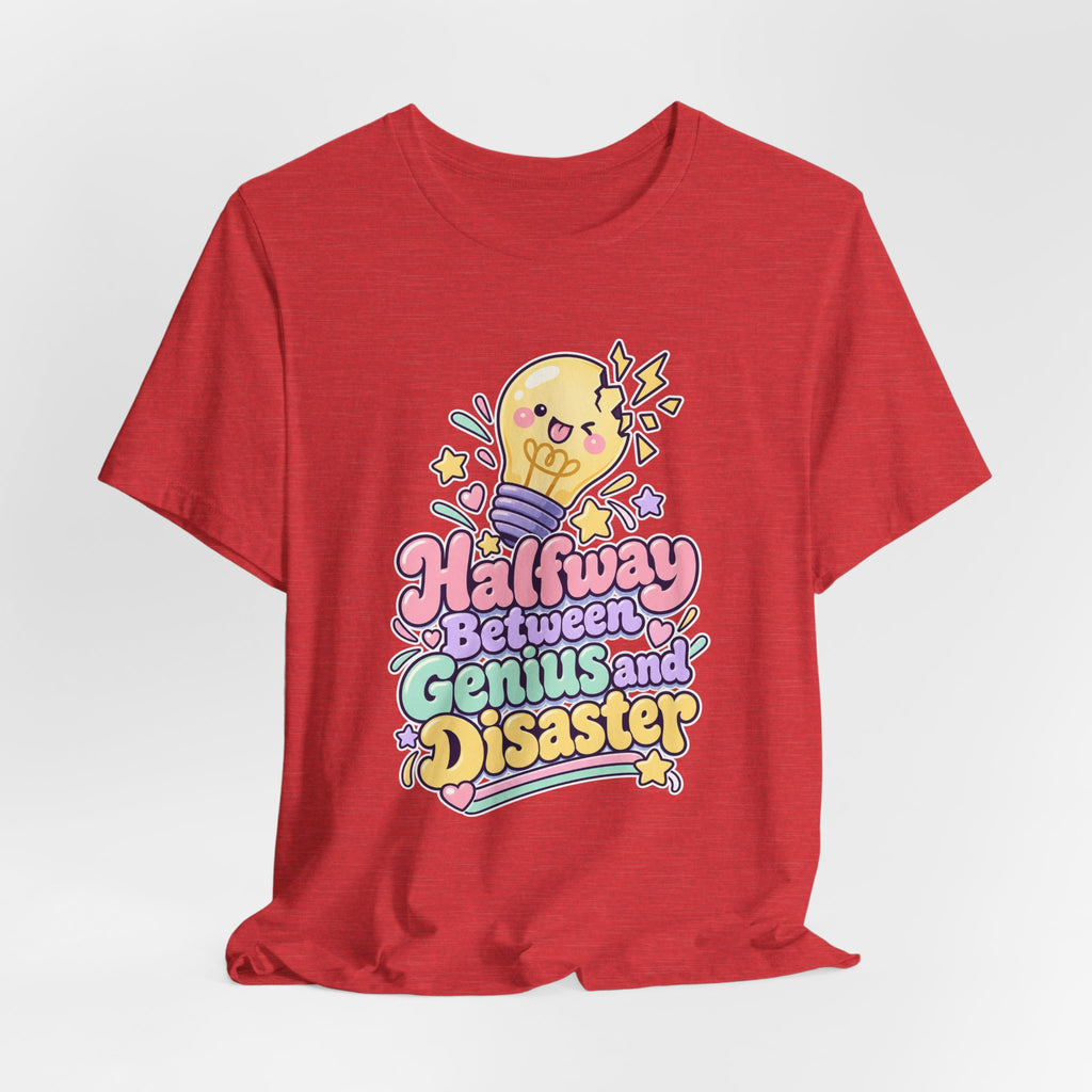 Halfway Between Genius and Disaster Funny Creative T-Shirt