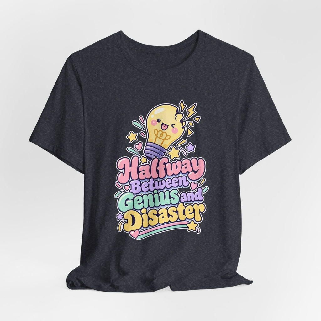Halfway Between Genius and Disaster Funny Creative T-Shirt