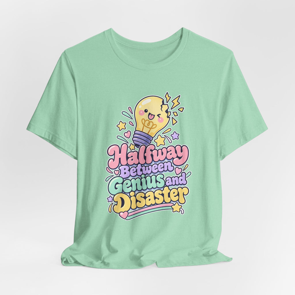 Halfway Between Genius and Disaster Funny Creative T-Shirt