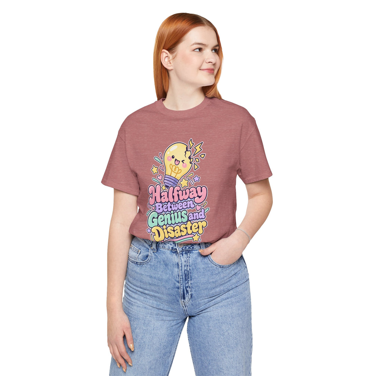 Halfway Between Genius and Disaster Funny Creative T-Shirt