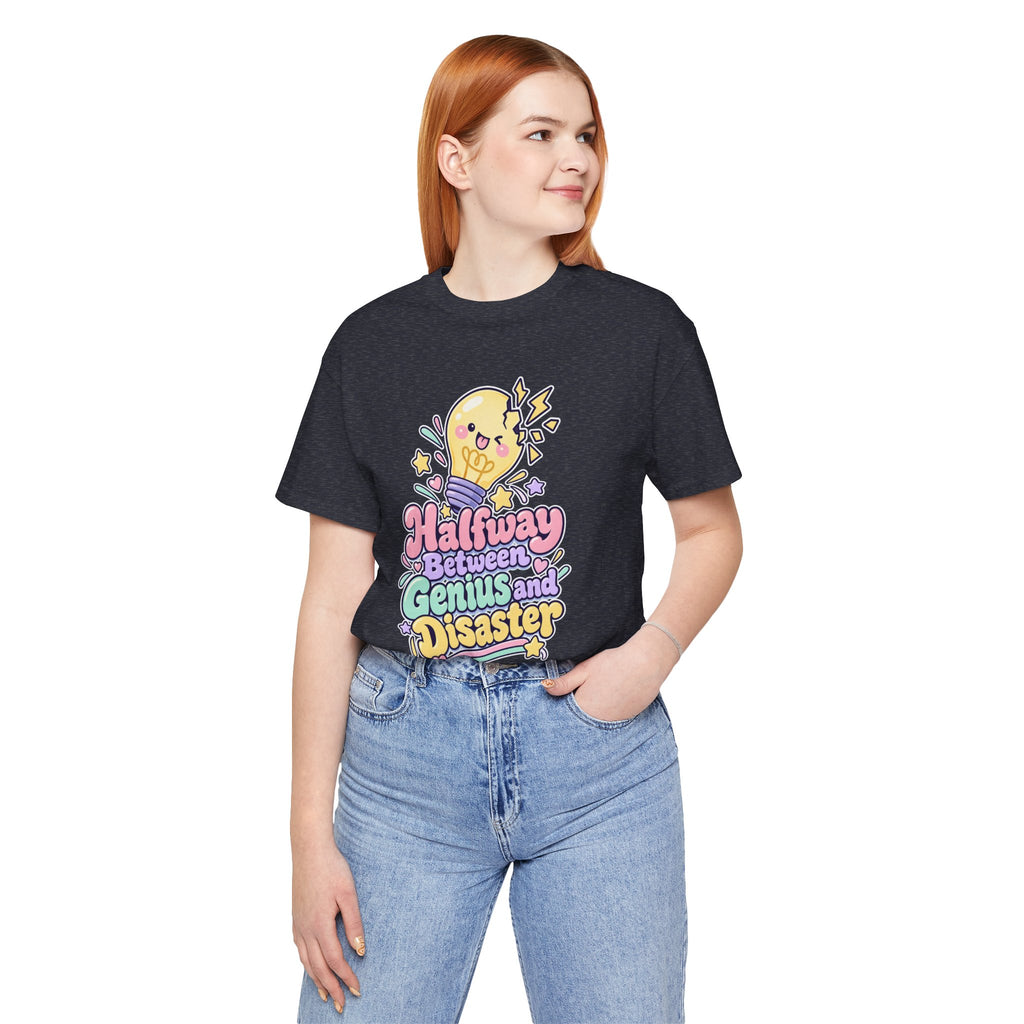 Halfway Between Genius and Disaster Funny Creative T-Shirt