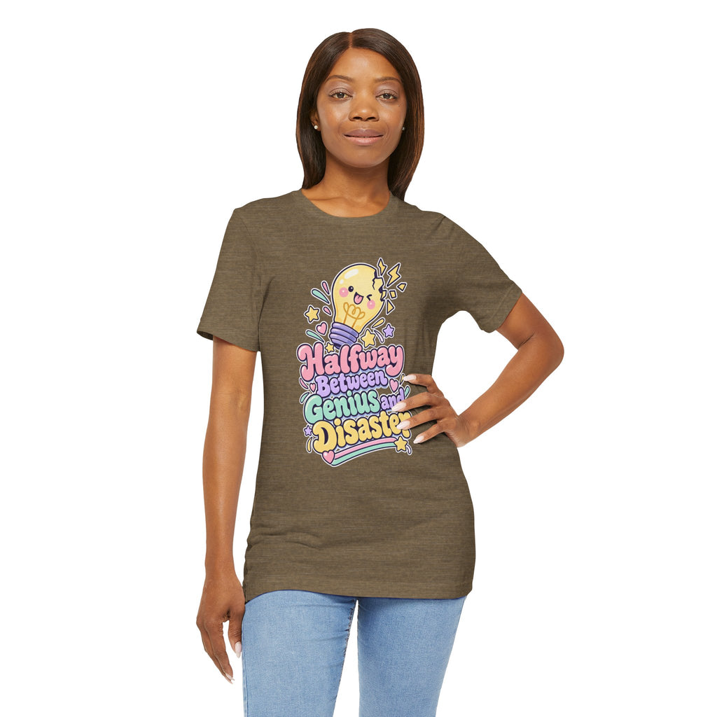 Halfway Between Genius and Disaster Funny Creative T-Shirt