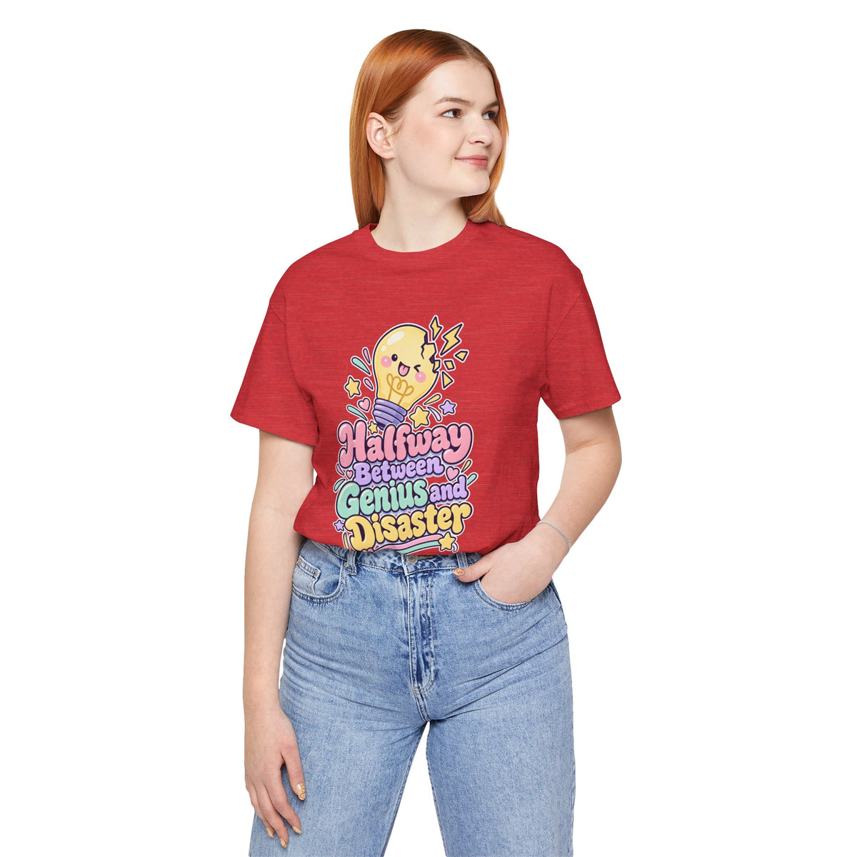 Halfway Between Genius and Disaster Funny Creative T-Shirt
