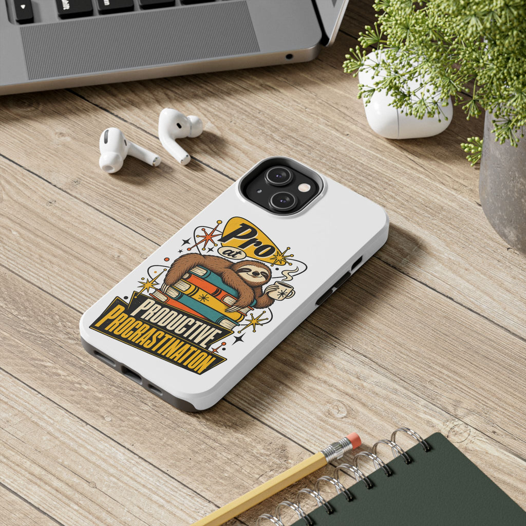 Productive Procrastination Tough Phone Case — Sloth on Books "Pro at Productive Procrastination"