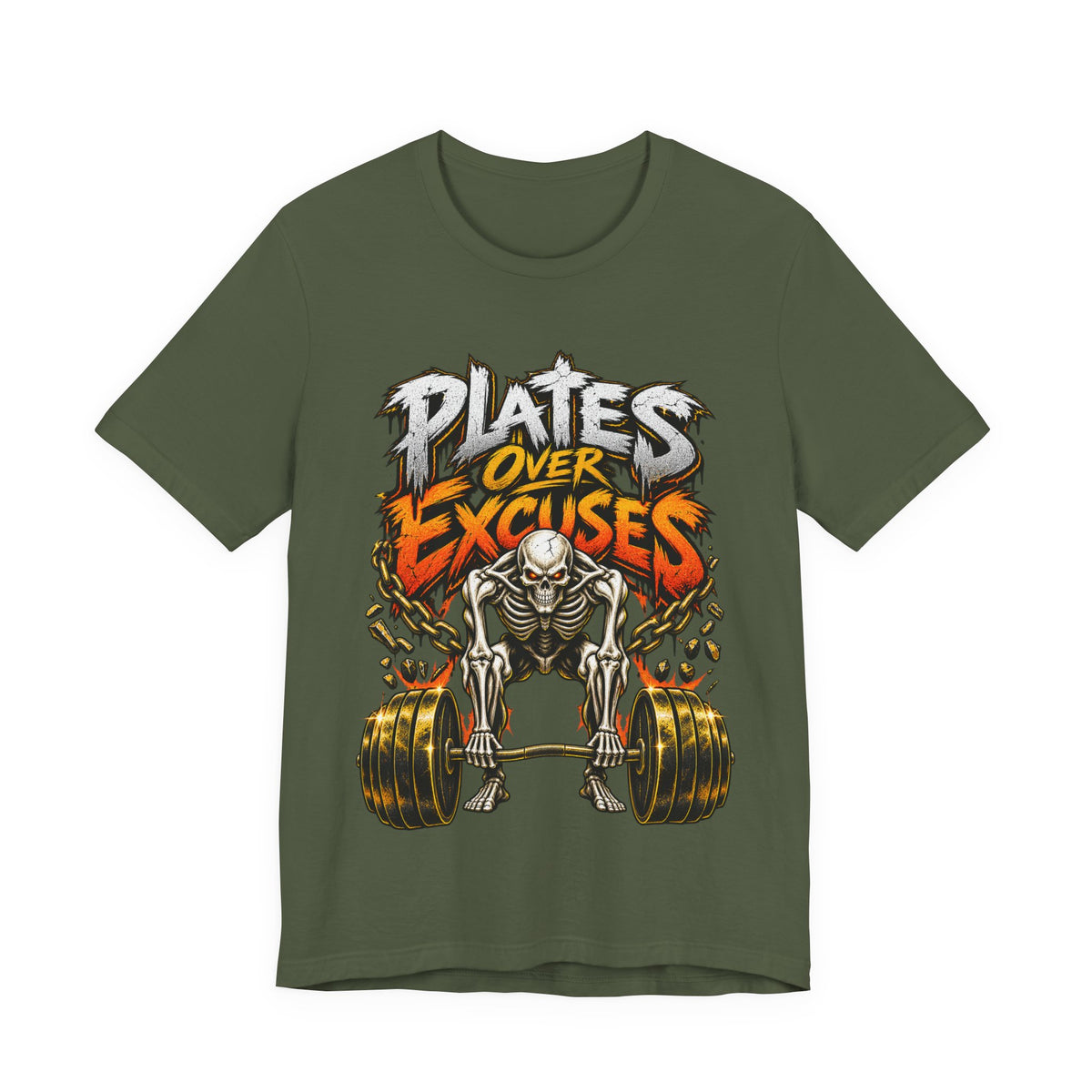 Plates Over Excuses Funny Weightlifting T-Shirt