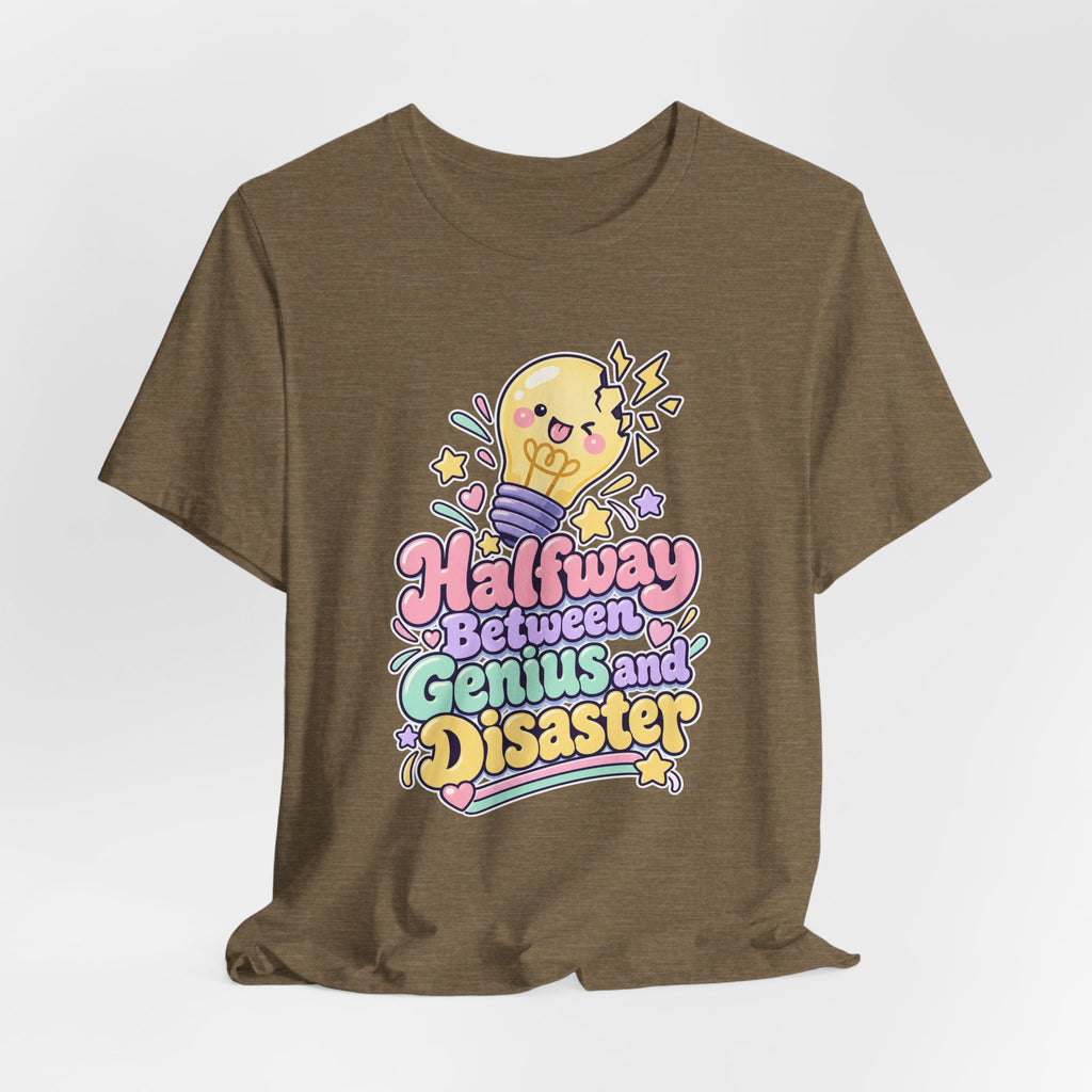 Halfway Between Genius and Disaster Funny Creative T-Shirt