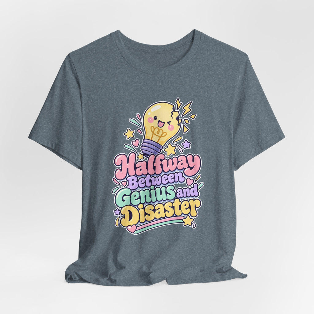 Halfway Between Genius and Disaster Funny Creative T-Shirt