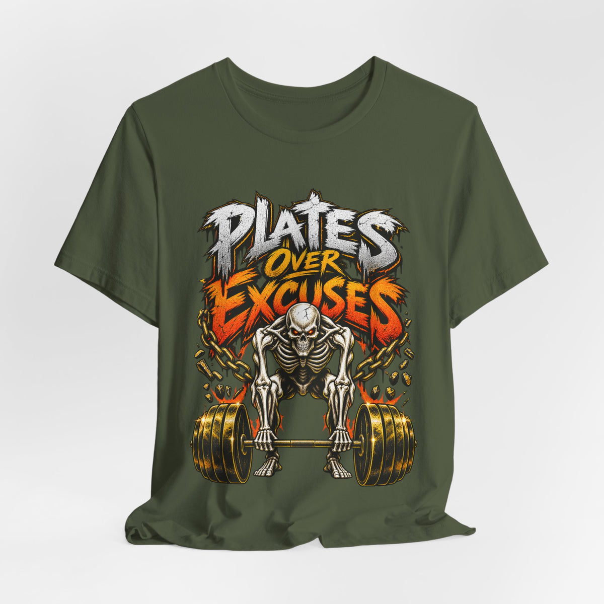 Plates Over Excuses Funny Weightlifting T-Shirt