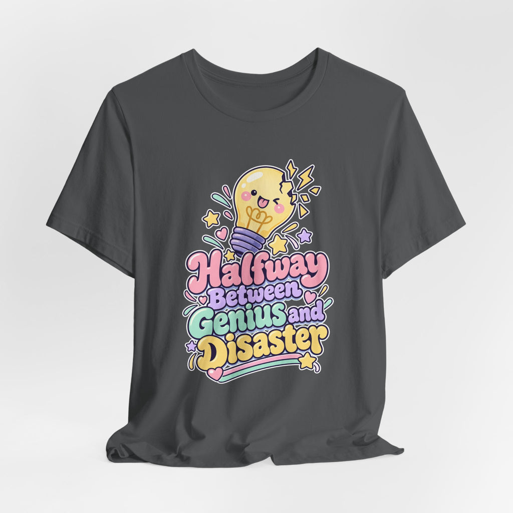 Halfway Between Genius and Disaster Funny Creative T-Shirt