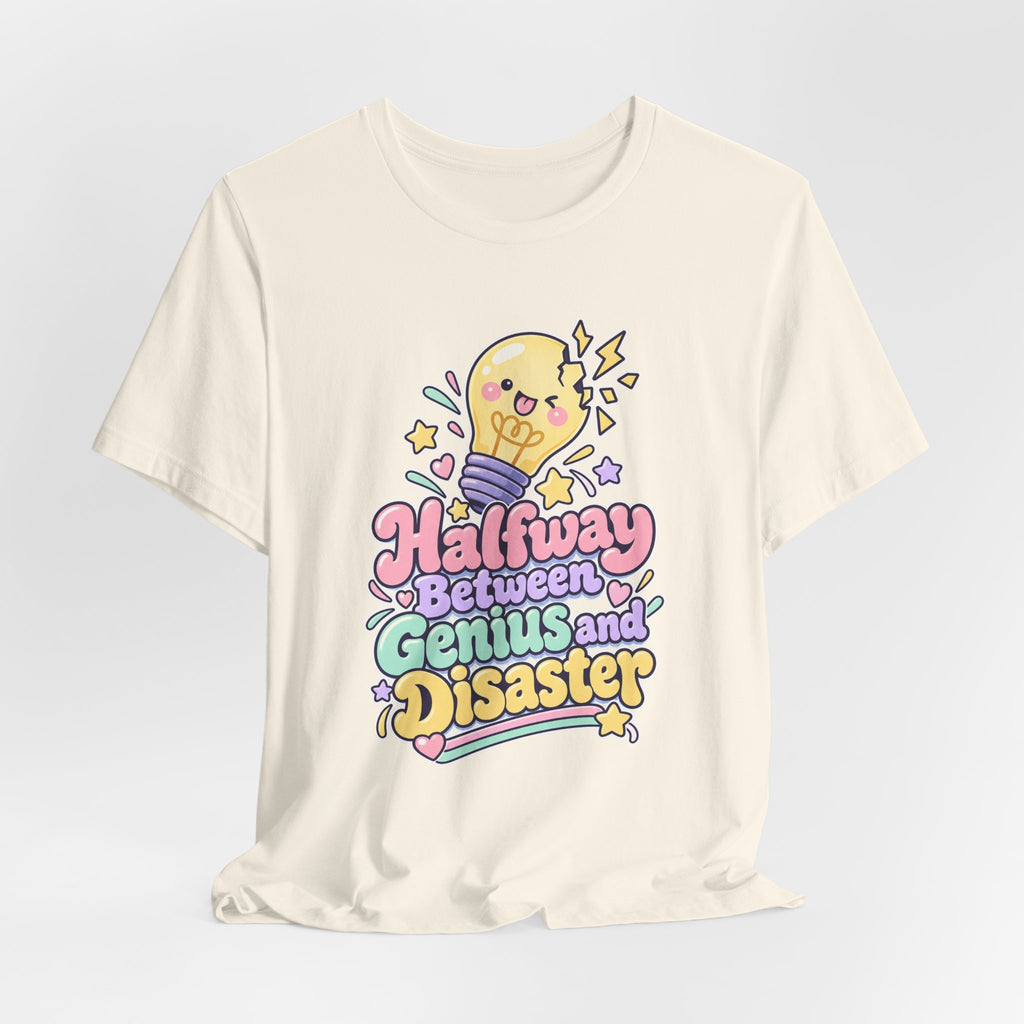 Halfway Between Genius and Disaster Funny Creative T-Shirt